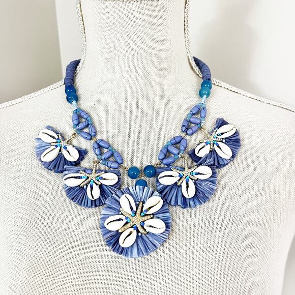 NEW Chico's Periwinkle Blue Shell Bib Statement Necklace - Picture 1 of 7